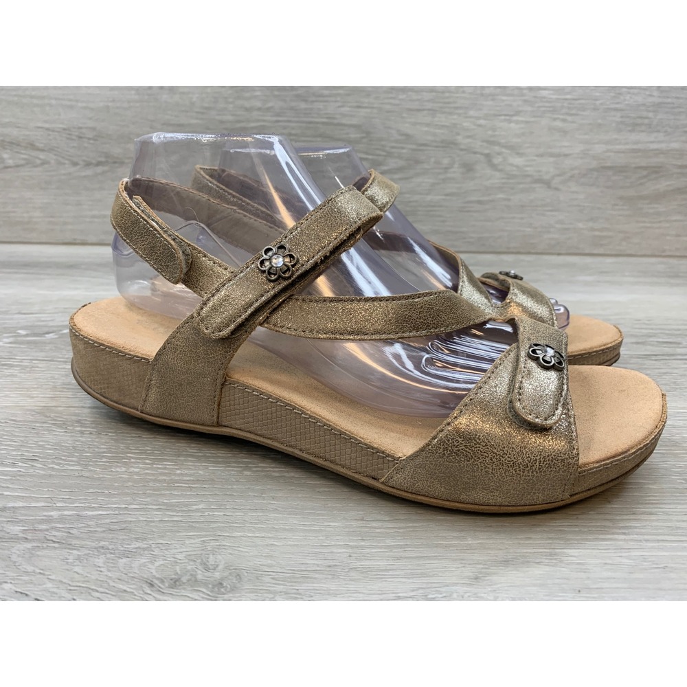 Romika Women's Metallic Gold Leather Wedge Sandals Floral Crystal Straps